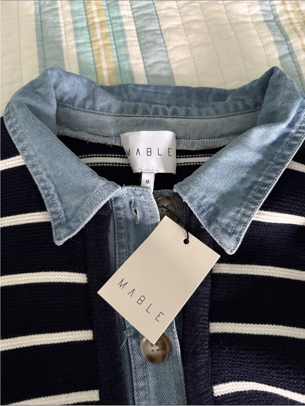 MABLE Navy and White Striped Knit Jean-Trim Jacket - Picture 5 of 8